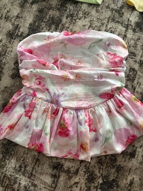 White Strapless Top with Pink & Coral Floral Size M
